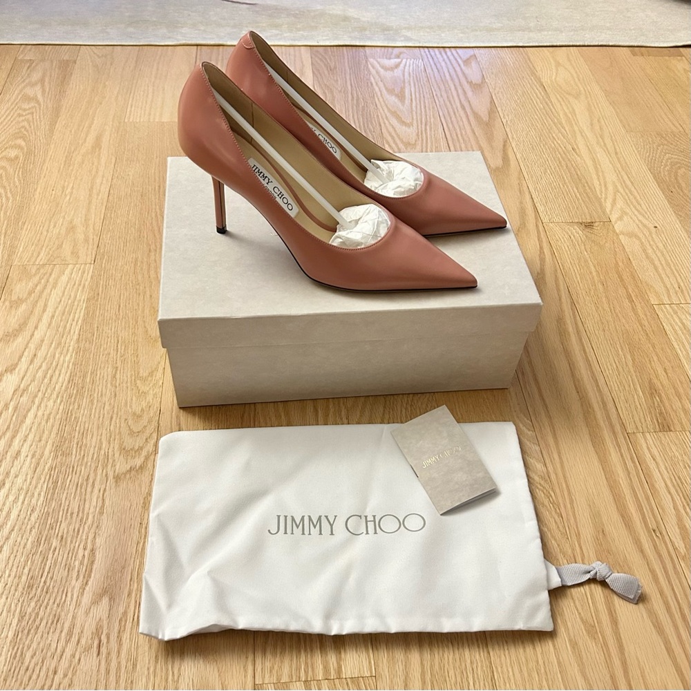 NIB Jimmy Choo Romy 85 Liquid Leather Blush Pumps Size 38
